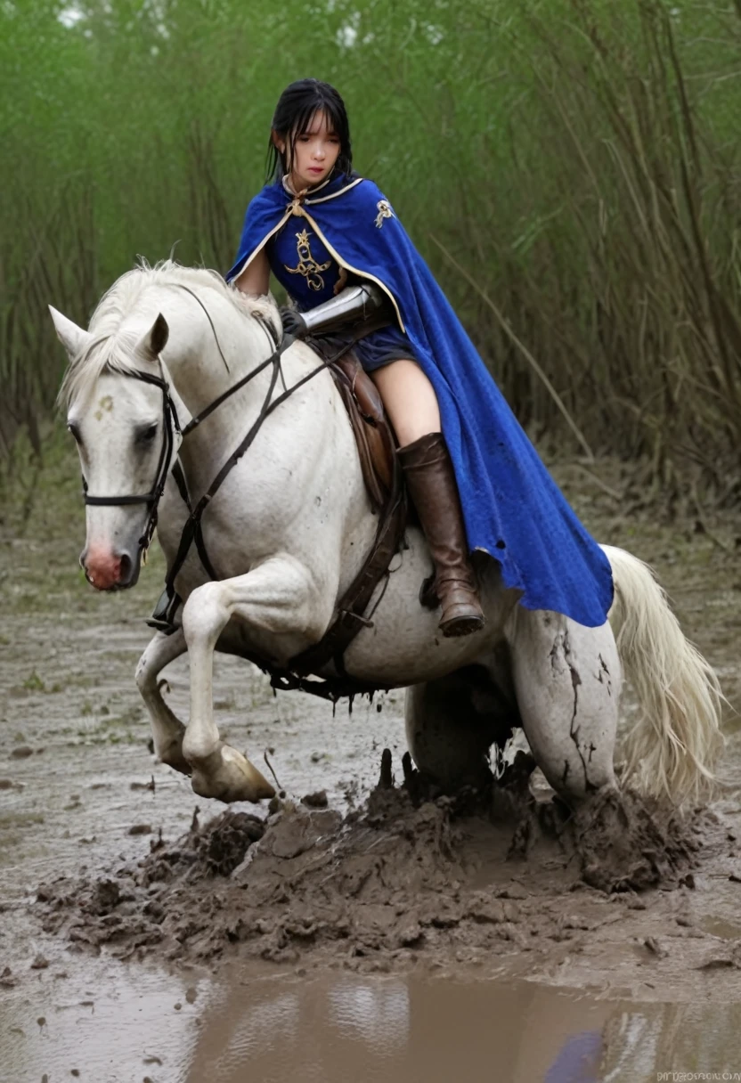 fantasy,beautiful woman and horse,Anatomically correct構図,stuck in mud,(((masterpiece))),(((Highest quality))),((Tabletop:1.4, Highest quality)), (Realな写真:1.4), in the muddy ,dirty swamp,black hair and white horse ridden by girl meet with an accident that it fall over sticky swamp,
((1 cute girl knight)),rodeo,horse standing,Surprised face,stumble,aggressive,slouch,horse standing, prancing horse in pitfall,cute,Napoléon horse sliped in pitfall,in the pitfall,Uplifting,Knight Princess,
(超High resolution:1.2),, wonderful, Very detailed CG Unity 8k wallpaper, Very detailed, High resolution,fat horse ridden by japanese girl,Double,Royal blue armor and short cloak,Soaking in the swamp,Mud Splash,
Soft Light, Woman riding a beautiful detailed horse, Droopy eyes,Very detailedな目と顔, Beautiful and exquisite nose, Beautiful and exquisite, horse ridden by a girl can't stand up because its drowned in the sticky muddy pitfall:10.0 ,Displeased face:4.0,Real,Stir,Anatomically correct,action horse riding scene while struggle fighting