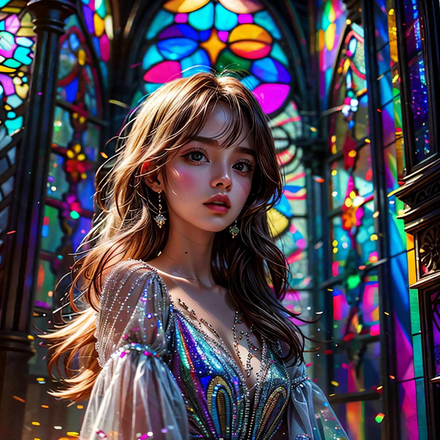 RubyRed (Cathedral from below:1.28) (ZoomLayer) TopQuality 8K masterpiece of ((Professional photo)), (((Clarisse de Cagliostro))) (Detailed White WeddingDresses), Chain, (((Extremely detailed KAWAII face))) {((VeiledFace))|BlondeHair|(Elaborate BuleEyes)with(SparklingHighlights:1.28)}, The background is distant (((Elaborate stained glass))) Rainbow Glass, {(MysticSight)|EnchantingAtmosphere|Haze|(GodRays)|TyndallEffect}, Radiant PearlSkin with Transparency, (Exposed:0.39)
