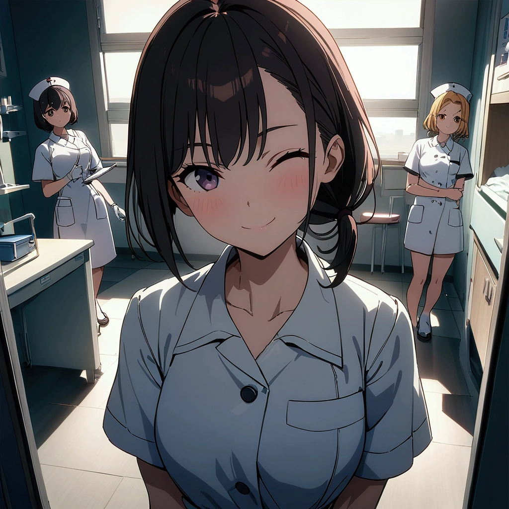 Masterpiece:1.2,Highest quality,8k,official art,hand,white cross,black cross,,source_anime,examination room,day,multiple girls,japanese,teenager,nurse,standing,holding files,low ponytail,short hair,smile,mouth closed,cinematic lighting,looking at viewer, dynamic angle, 