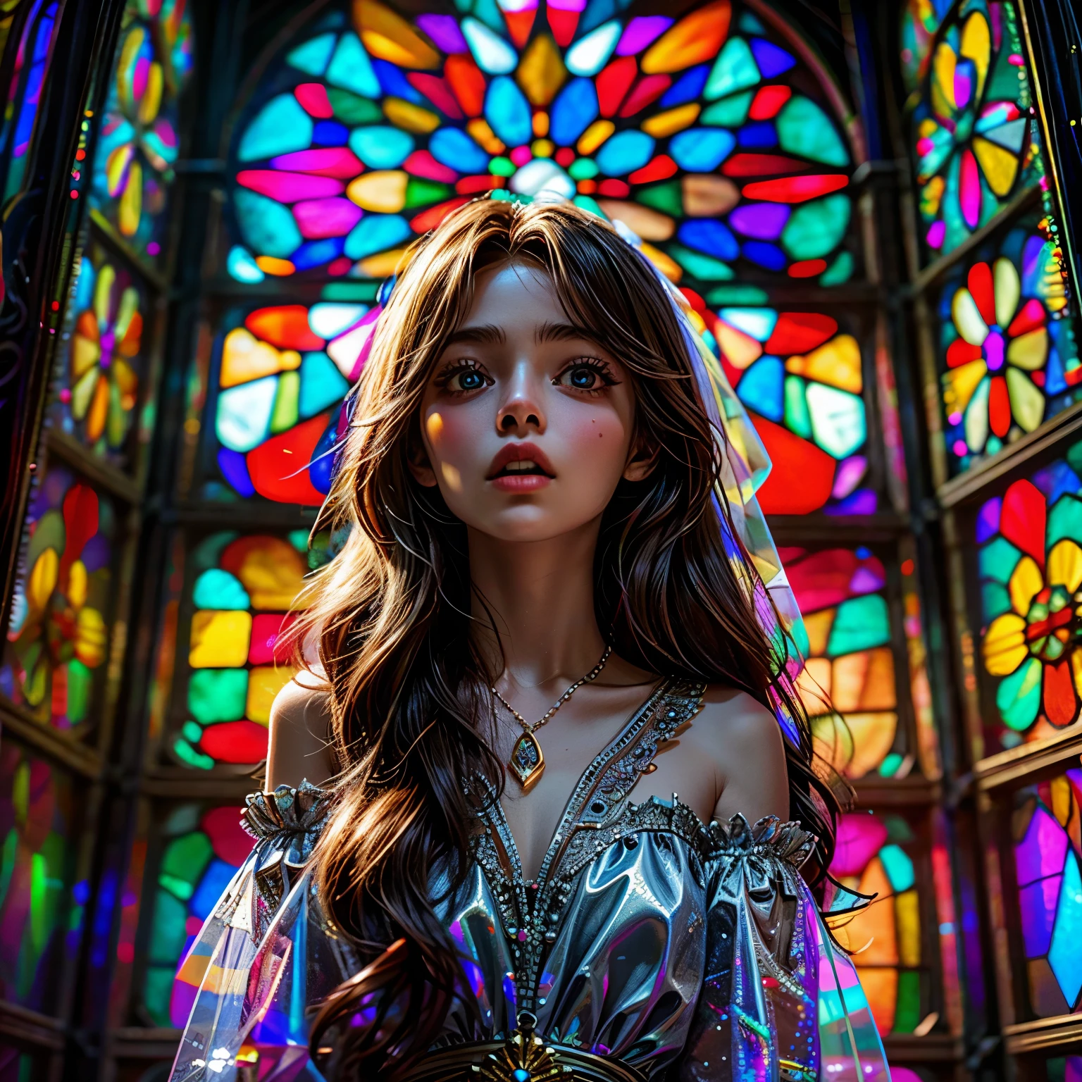 RubyRed (Cathedral from below:1.28) (ZoomLayer) TopQuality 8K masterpiece of ((Professional photo)), (((Clarisse de Cagliostro))) (Detailed White WeddingDresses), Chain, (((Extremely detailed KAWAII face))) {((VeiledFace))|BlondeHair|(Elaborate BuleEyes)with(SparklingHighlights:1.28)}, The background is distant (((Elaborate stained glass))) Rainbow Glass, {(MysticSight)|EnchantingAtmosphere|Haze|(GodRays)|TyndallEffect}, Radiant PearlSkin with Transparency, (Exposed:0.39)