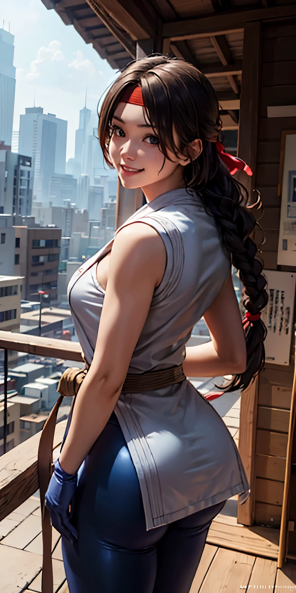 yurims, girl, red headband, white dougi, spandex, red gloves, looking happy, smiling, teeth, 
from_behind, outside, japanese roof, raining, cityscape, overcast,  extreme detail, Ultra-high definition, UHD, HDR, (masterpiece: 1.5), (best quality: 1.5), beautiful, feminine, ultra-realistic face, RAW photo, (highly detailed skin: 1.2), 16k, soft lighting, high quality, film grain, Fujifilm XT3, .
