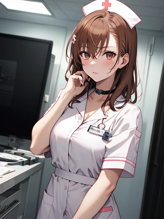 nurse, The background is the operating room, Misaka Mikoto, 1girl, black choker, uhd, retina, masterpiece, ccurate, anatomically correct, textured skin, super detail, high details, high quality, best quality, highres, 4K