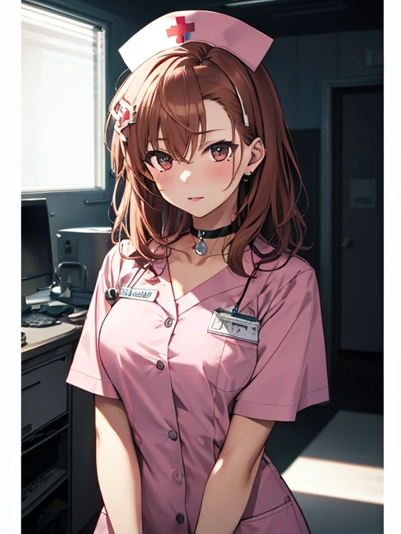 nurse, The background is the operating room, Misaka Mikoto, 1girl, black choker, uhd, retina, masterpiece, ccurate, anatomically correct, textured skin, super detail, high details, high quality, best quality, highres, 4K