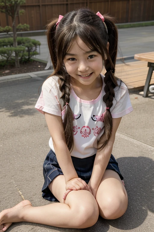 10歳　少女 日本人少女 10歳, 後ろの通りにあるかわいい赤ちゃんの顔 , とても長い髪の毛, 髪はツインテール, 地面に座っている - SeaArt AI