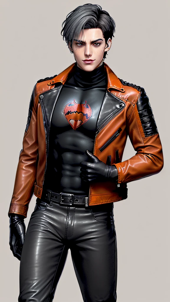 ,((jason todd)),((young cute and cool ikemen boy)), ((face is no paint and no mask)),((Only part of the bangs are gray)),his age is early 20s, thin eyebrows and beady eyes, ((he wearing orange beige color leather jacket)),((leather jacket is single-brest)),((leather jacket is long sleeve)),((also wearing black thick material turtleneck lackluster shirts)),((chest area on red color bat illustration)), ((tight dark gray color leather pants)),((put black color protection leather glove on both hands)),((black color middle length leather boots)),((Japanese style character))