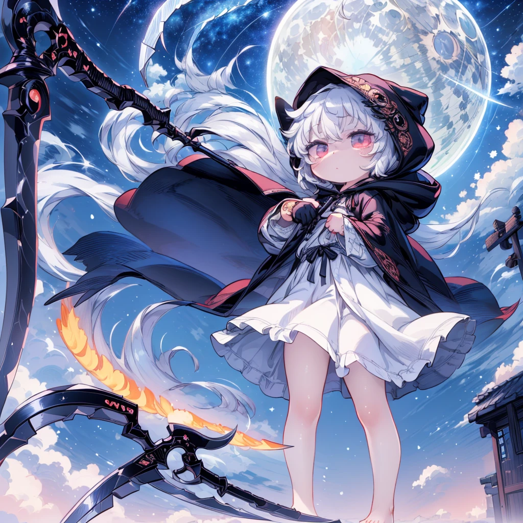 (((Masterpiece))),((( Best quality))),((( extremely detailed CG unity wallpaper))), (((Ultra-detailed))), Best Illustration, created by famous artists,Detailed background,chromatic aberration with strong rim light, (Beautiful and detailed night sky with blue moon:1.4), 1girll,Solo,(((scythe))),(Death Scythe:1.4),(Black cape),Clear face,Glowing eyes,Shining red eyes,White hair,Long sleeves,(((Hood))),Expressionless,stare,standing,view the viewer,A cloak that covers the whole body,(((Closed robe))) ,epic sky,jellyfishforest,1girll