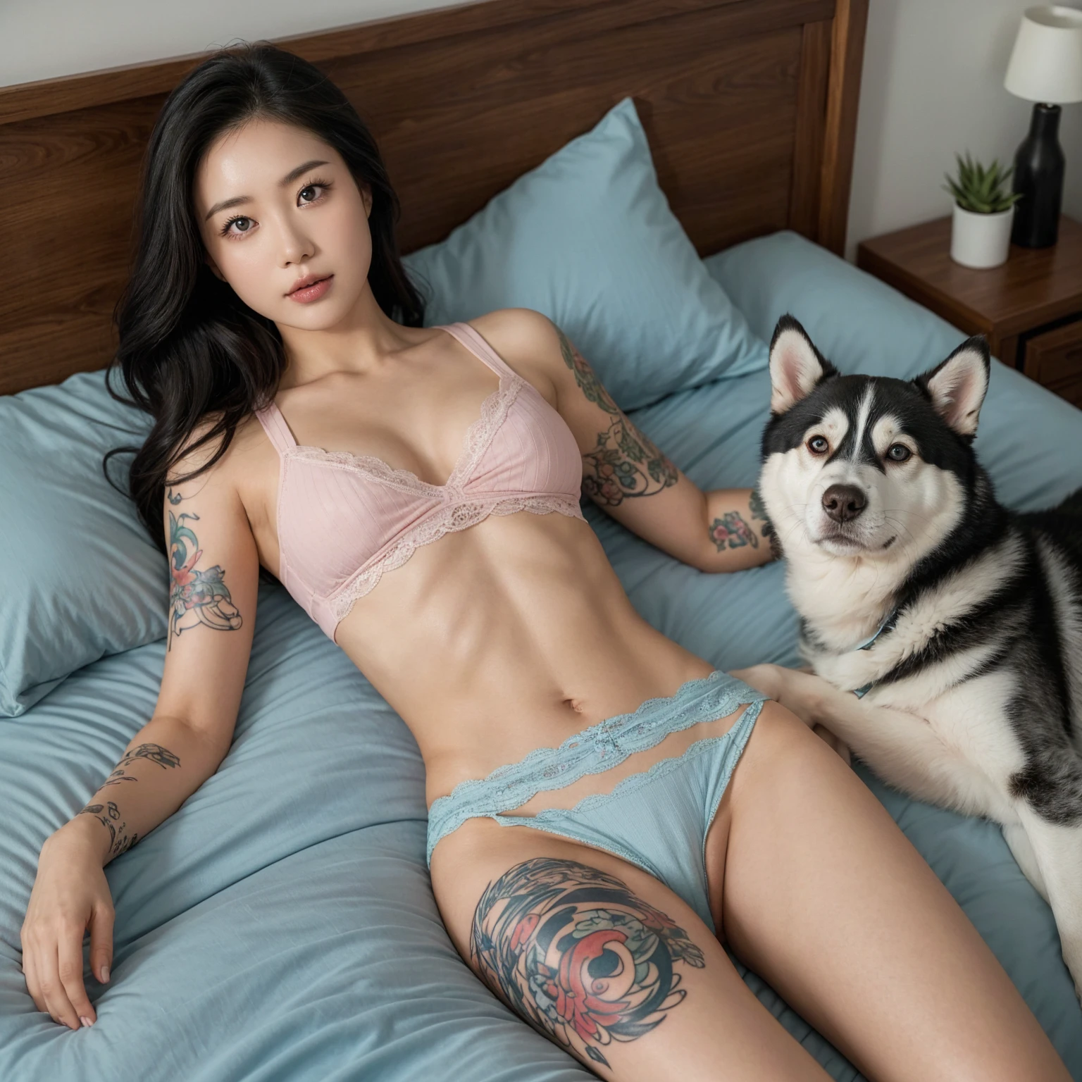 A beautiful white skin korean woman is lying on a bed, facing fowards with her left side lying a husky dog. She has long dark hair and multiple colorful tattoos on her left arm and right thigh. The tattoos on her arm include various designs and characters, while the one on her thigh depicts a stylized cat with large eyes and a crescent moon on its forehead. She is wearing a light pink, ribbed tank top with deep v cuts showing her bare larged-size chest and light blue lace panties. The setting is a cozy bedroom with light-colored bedding and pillows. The atmosphere is intimate and relaxed.