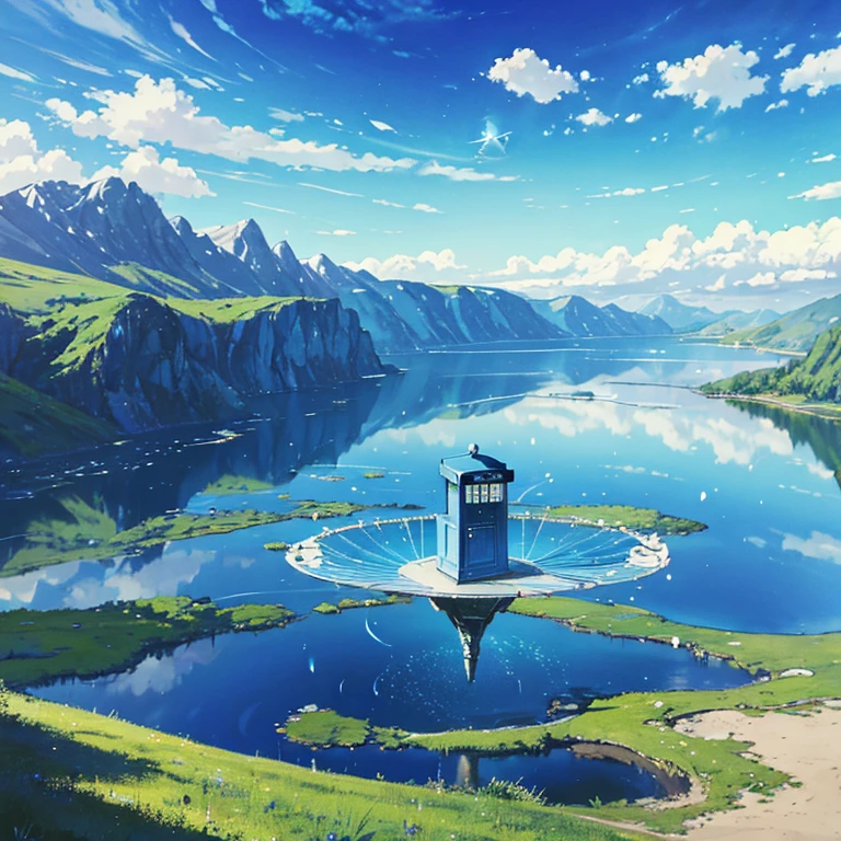 "The TARDIS flies over the lake, blue sky, painted like Van Gogh's starry night sunflowers, around the TARDIS oil painting., Deep, Doctor Who and the Tardis." I have an oil painting, like Van Gogh., main part, dreamer, permission 8k, The doctor knows, what's in slow motion, Doctor Who in bright colors, a lot of sunflowers around, golden sunflowers
