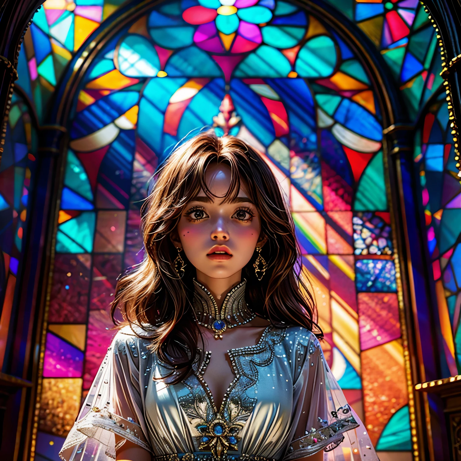RubyRed (Cathedral from below:1.28) (ZoomLayer) TopQuality 8K masterpiece of ((Professional photo)), (((Clarisse de Cagliostro))) (Detailed White WeddingDresses), Chain, (((Extremely detailed KAWAII face))) {((VeiledFace))|BlondeHair|(Elaborate BuleEyes)with(SparklingHighlights:1.28)}, The background is distant (((Elaborate stained glass))) Rainbow Glass, {(MysticSight)|EnchantingAtmosphere|Haze|(GodRays)|TyndallEffect}, Radiant PearlSkin with Transparency, (Exposed:0.39)