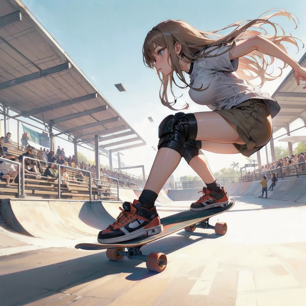 masterpiece, (textured skin), best quality, gorgeous beautiful girl, (a female skateboard athlete), detailed clothes,large breasts,narrow waist,, (beautiful face), cinematic lighting, (at skateboard venue ),