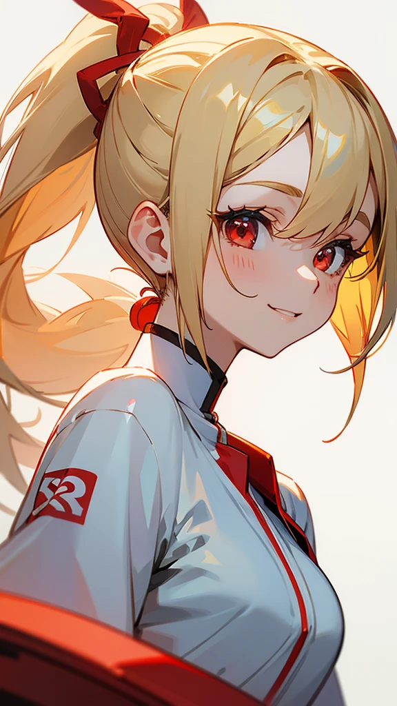 1 Girl、Anime-style paintings、Blonde Hair、Half Ponytail、Round red eyes、smile、From the side、Upper body close-up、White and red jumpsuit