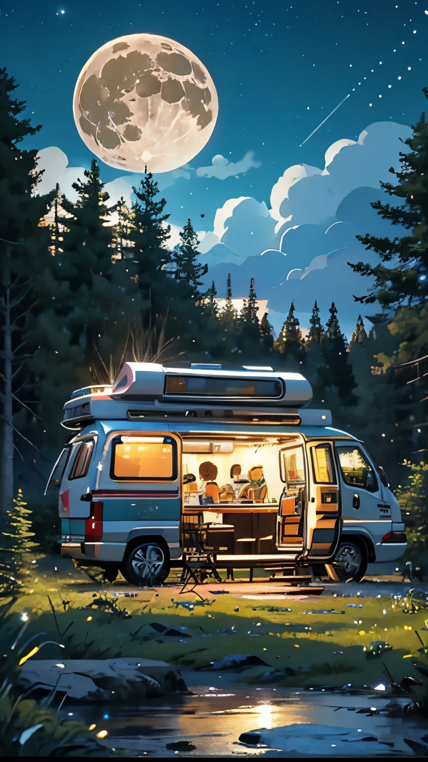 a detailed advance futuristic camper van in a grassy forest clearing at midnight,full moon shining bright, starry sky, campfire, man sitting and drinking coffee,pixelart,HDR,8k,high quality,photorealistic,detailed interior,masterpiece