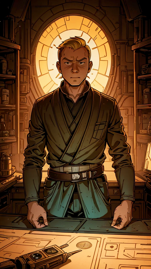 (1man, Tintin,1boy), (extremely detailed CG unit 8k wallpaper),(master part), (best quality), (ultra detail), (best illustration),(style of Dan Mumford), cowboy shot, (Sharp eyeliner, ombre, detailed eyes:1), death Star interiors background, ,break , (Star Wars), upper body,brunning,short hair ,blonde hair, 