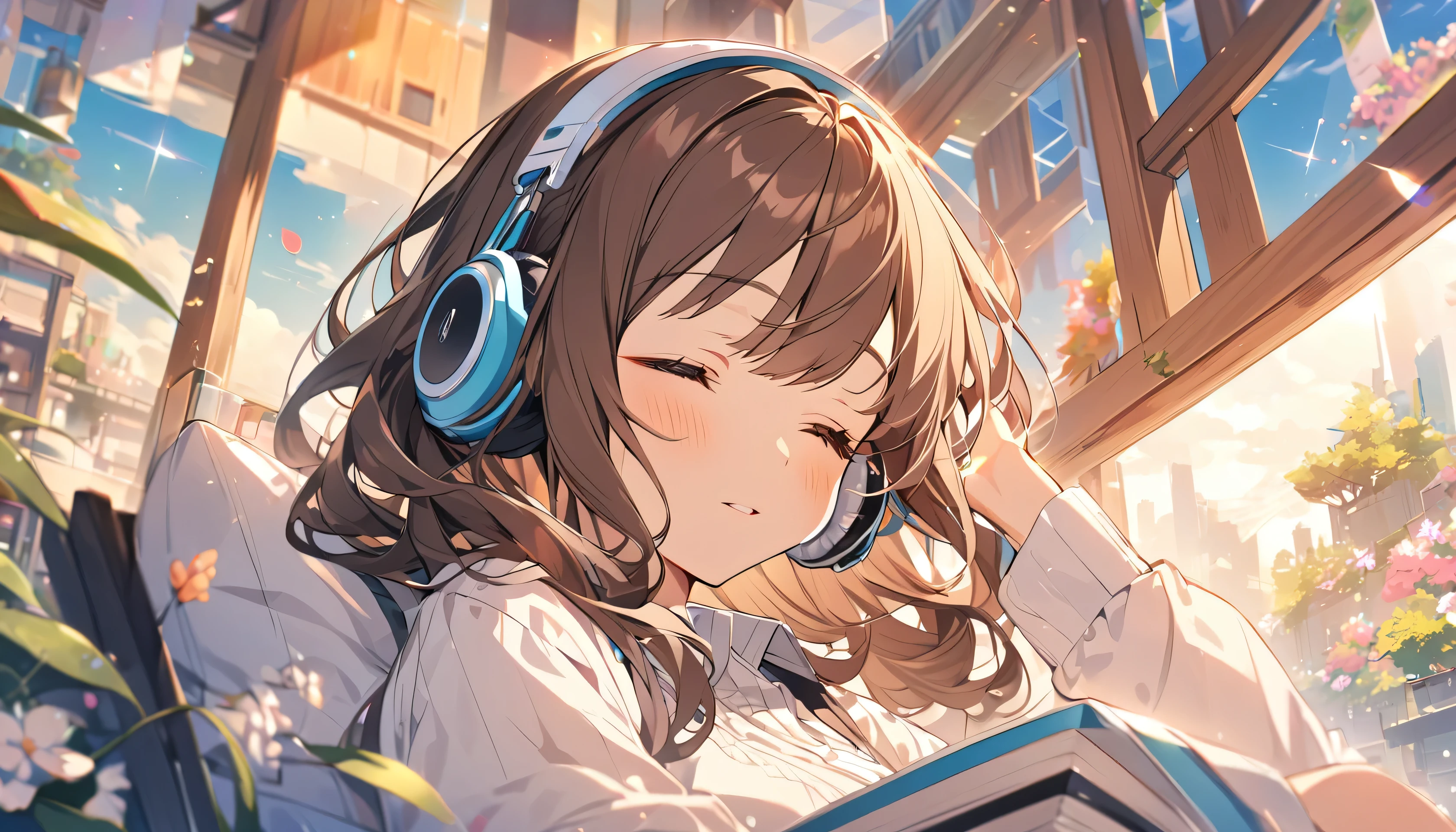Girl wearing headphones,Brown Hair,1 person,bright,Detailed Background,Dreaming Afternoon - Afternoon Relaxation