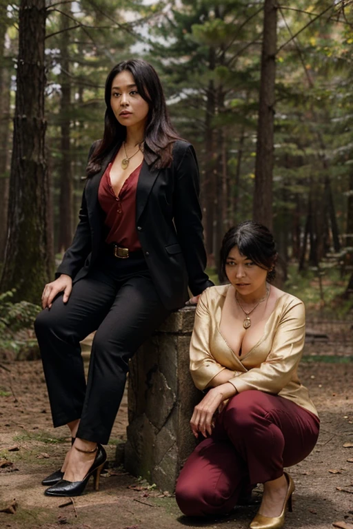 Satomi Ito, Lily Mariye, Wolf, Elegant old woman, 60 years old, Mayor, fat muscular build, Long messy black hair, Black eyes, Red buttoned suit with red dress pants, Red heels, Gold pendant necklace Wolf in a golden forest background with fog