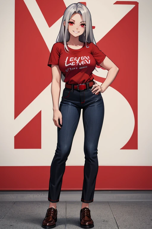 female, silver long hair, red eyes, (((1girl))), (((red t-shirt))), (black denim pants), (brown shoes), (red belt), cute and sexy, full body, large breasts, long legs, smiling, cleavage