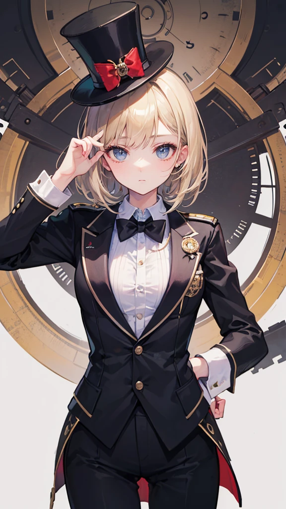 ((Best masterpiece, Perfect quality, Ultra detailed)), A pilot girl, With skinny body, With small breasts, Wearing antique top hat, Tuxedo, Suit, Steampunk