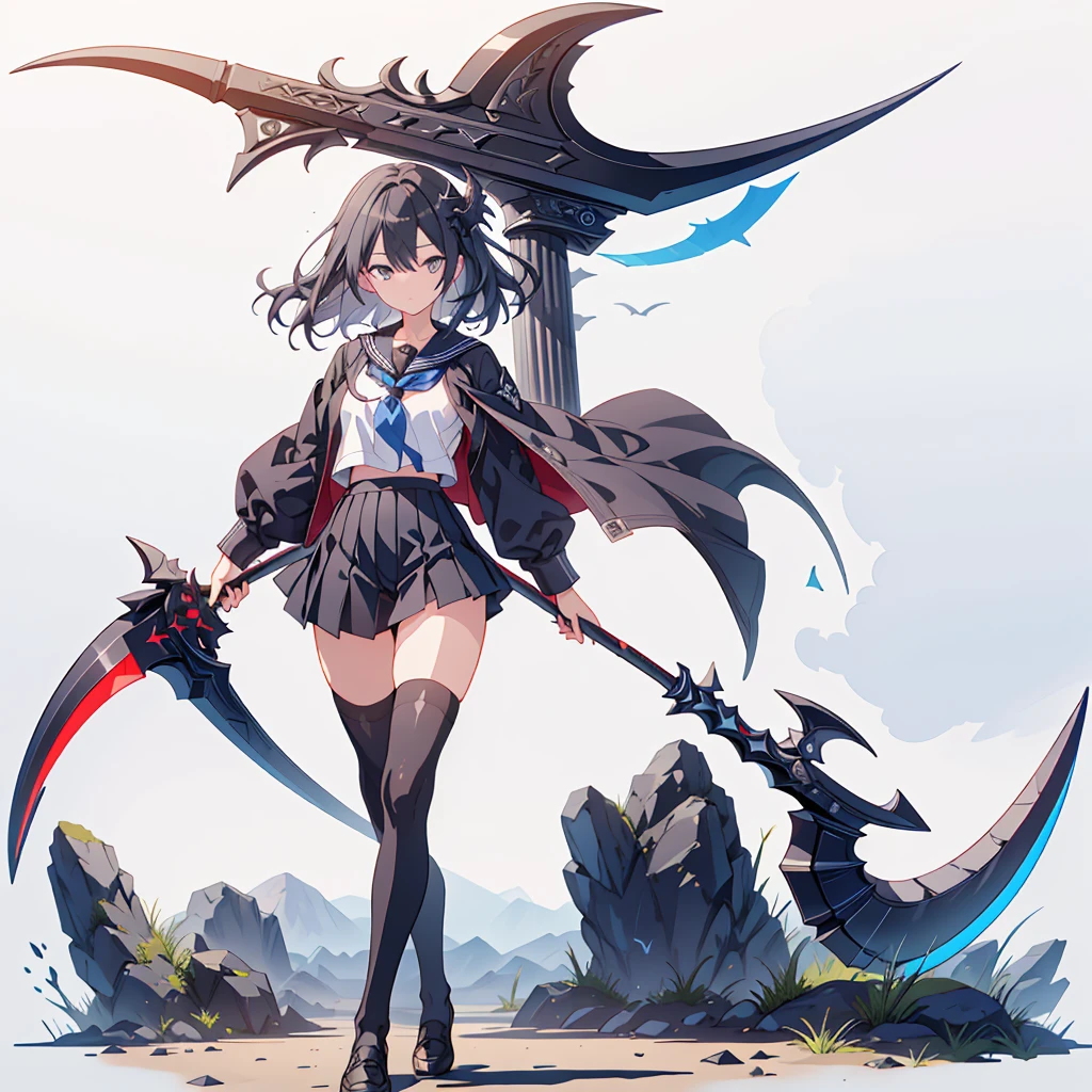 (masterpiece, Highest quality), (Perfect athletic body:1.2), (Fine hair), Very detailed, Anime Style, whole body, alone, Vampire Hunter, Black Sailor Suit, Big Grim Reaper Scythe, Black Hair, high boots, Standing in the Wilderness,Navy blue knee socks,Black loafers、 8K high resolution, White Background, whole body,