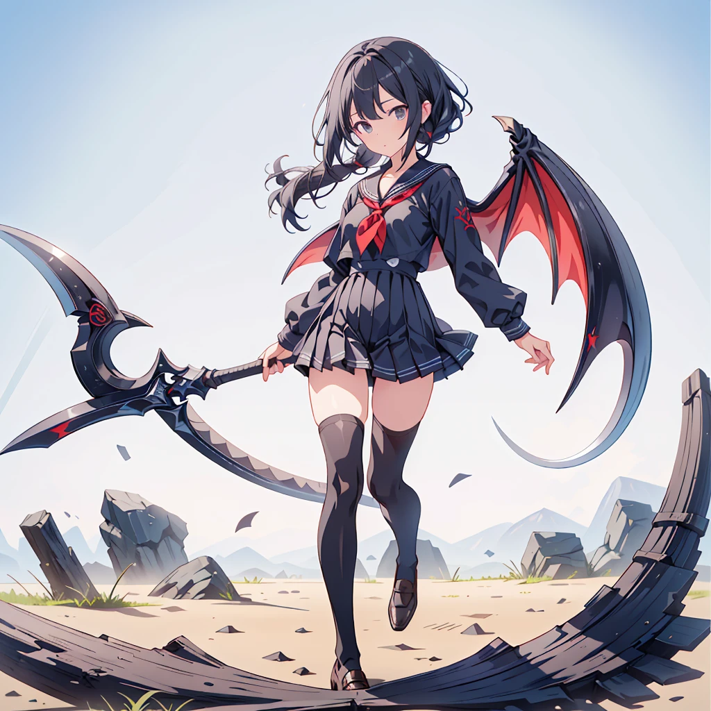 (masterpiece, Highest quality), (Perfect athletic body:1.2), (Fine hair), Very detailed, Anime Style, whole body, alone, Vampire Hunter, Black Sailor Suit, Big Grim Reaper Scythe,  Black Hair, high boots, Standing in the Wilderness,Navy blue knee socks,Black loafers、 8K high resolution, White Background, whole body,