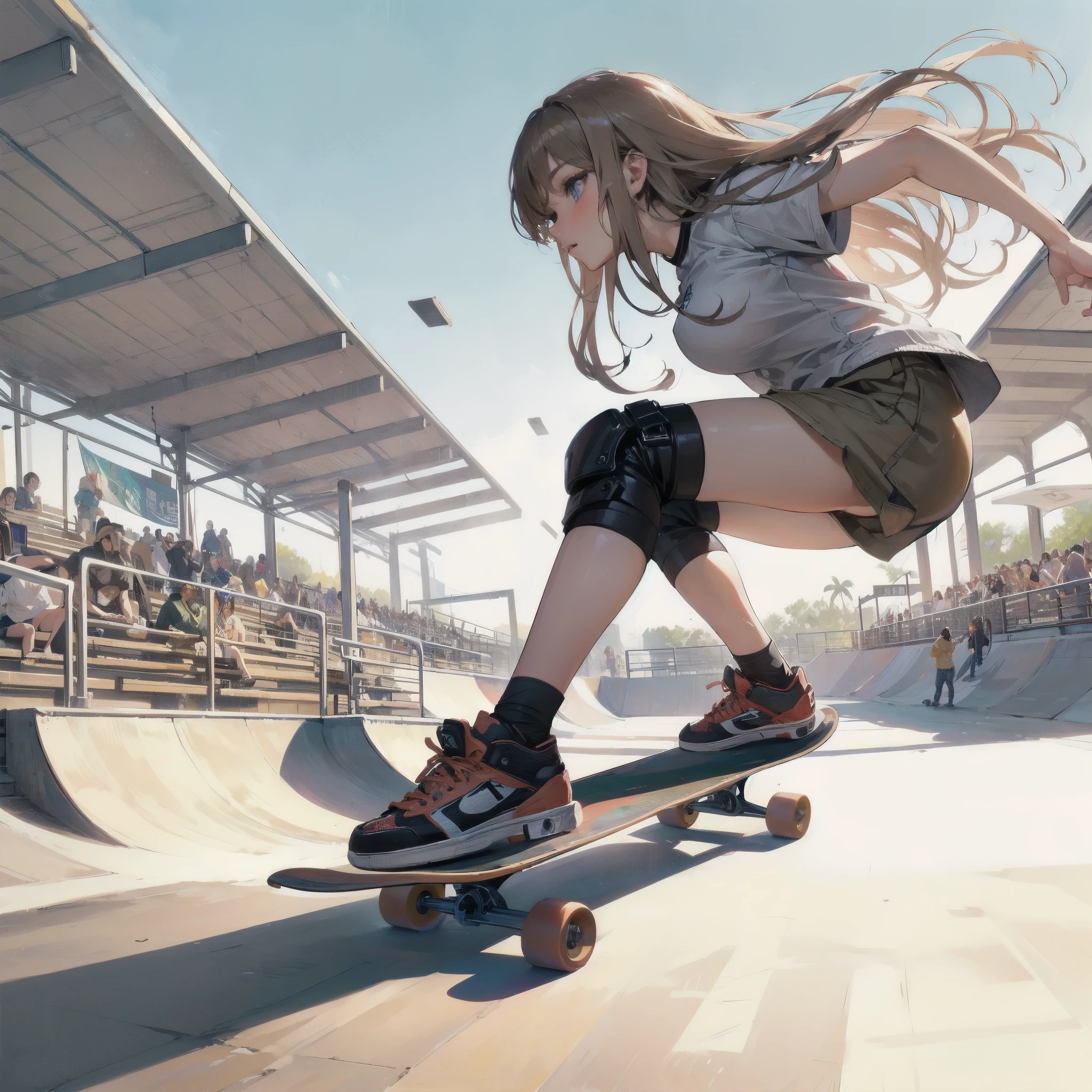 masterpiece, (textured skin), best quality, gorgeous beautiful girl, (a female skateboard athlete), detailed clothes,large breasts,narrow waist,, (beautiful face), cinematic lighting, (at skateboard venue ),