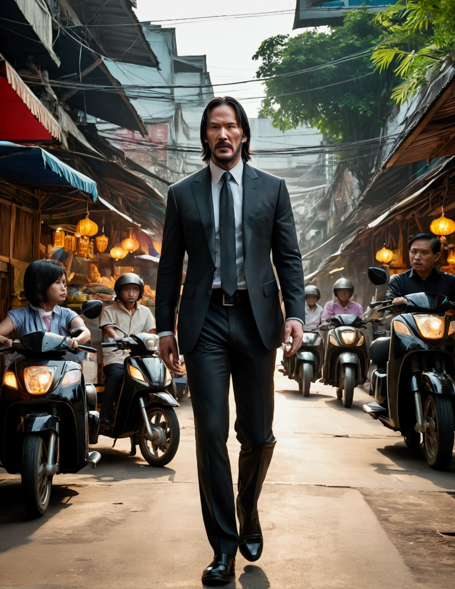 In this scene, John Wick is seen walking along the bustling sidewalks of Bangkok, Thailand. Clad in his signature sleek black suit, he navigates the crowded street with a purposeful stride and a vigilant gaze. The background is rich with elements that capture the essence of Thailand. The sidewalks are lined with vibrant street vendors selling an array of Thai street food, their colorful carts and signs adding to the lively atmosphere. Traditional Thai architecture, with its ornate details, peeks out from behind modern buildings, creating a blend of old and new. The street is alive with the hum of tuk-tuks and motorcycles, and the air is filled with the tantalizing aroma of Thai cuisine. John moves through this dynamic environment with a focused demeanor, his presence adding a sense of intensity to the vibrant cityscape , 35mm lens, Extreme close-up, depth of field cinematography effect, 8k resolution, high quality, ultra detail