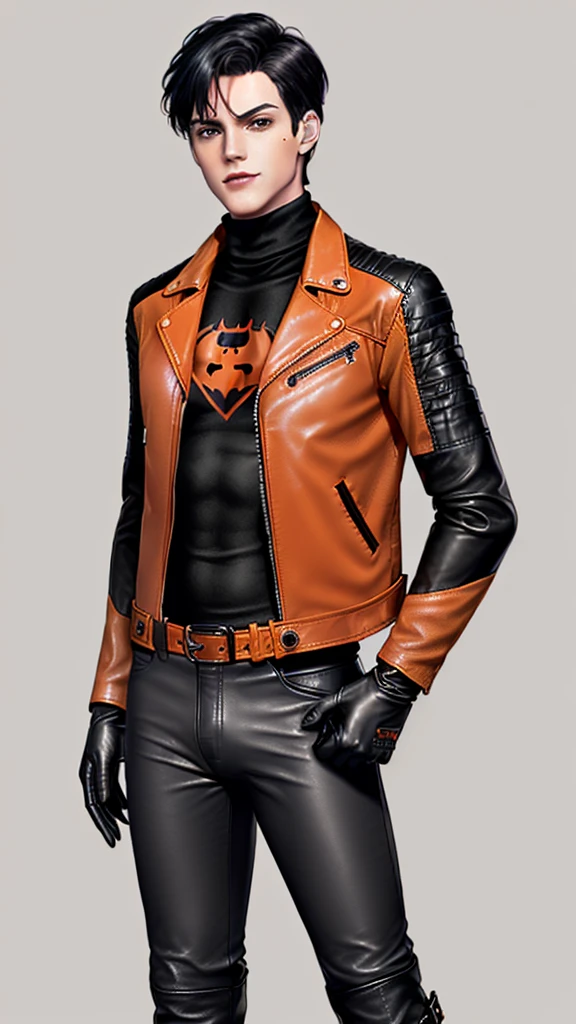 ,((jason todd)),((young cute and cool ikemen boy)), ((face is no paint and no mask)),((Only part of the bangs are white mesh)),his age is early 20s, thin eyebrows and beady eyes, ((he wearing orange beige color leather jacket)),((leather jacket is single-brest)),((leather jacket is long sleeve)),((also wearing black thick material turtleneck lackluster shirts)),((chest area on red color bat illustration)), ((tight dark gray color leather pants)),((put black color protection leather glove on both hands)),((black color middle length leather boots)),((Japanese style character))