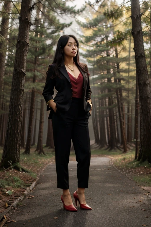 Satomi Ito, Lily Mariye, Wolf, Elegant old woman, 60 years old, Mayor, fat muscular build, Long messy black hair, Black eyes, Red buttoned suit with red dress pants, Red heels, Gold pendant necklace Wolf in a golden forest background with fog