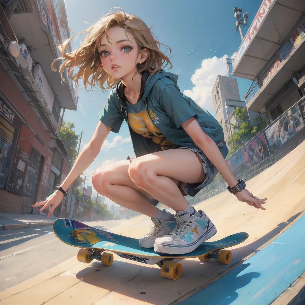 masterpiece, (textured skin), best quality, gorgeous beautiful girl, (a female skateboard athlete), detailed clothes,large breasts,narrow waist,, (beautiful face), cinematic lighting, (at skateboard venue ),