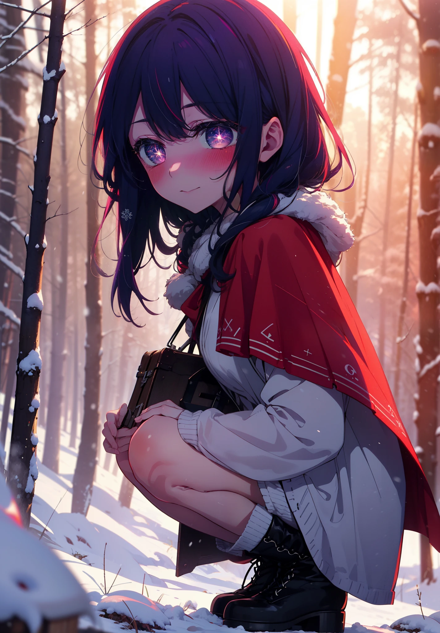 aihoshino, Ai Hoshino, Long Hair, bangs, (Purple eyes:1.1), Purple Hair, (Symbol-shaped pupil:1.5), smile,,smile,blush,white breath,
Open your mouth,snow,Ground bonfire, Outdoor, boots, snowing, From the side, wood, suitcase, Cape, Blurred, , forest, White handbag, nature,  Squat, Mouth closed, Cape, winter, Written boundary depth, Black shoes, red Cape break looking at viewer, Upper Body, whole body, break Outdoor, forest, nature, break (masterpiece:1.2), Highest quality, High resolution, unity 8k wallpaper, (shape:0.8), (Beautiful and beautiful eyes:1.6), Highly detailed face, Perfect lighting, Extremely detailed CG, (Perfect hands, Perfect Anatomy),