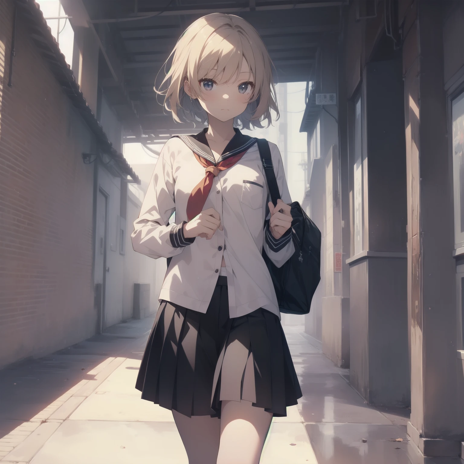 ultra-absurdres-Top quality by artist God, ultra-detailed, high resolution, anime moe artstyle, best anime 8k konachan wallpaper, pixiv contest winner, pool:2810, perfect anatomy,break, 1girl, (Please draw a girl walking sleepily to school alone. )break,(Solo,little female, 13-year-old:1.3),Full limbs, complete fingers,a junior high school student, (very short hair), short cut, flat chest, , small butt, small black eyes, beautiful detailed eyes, well-proportioned iris and pupils, expressive eyes, highres detailed hair, soft expression, salor school_uniform, sailor collar, serahuku, bow, pleated skirt,(Detailed Lighting), (Detailed background), in the School commute route. break,super detailed skin, Best cinematic lighting powered by famous artist, 8k,beauty illustration,photoshop_(medium),very aesthetic,break,((artist:zen_(kamuro) )), artist:clamp ,artist:carnelian ,artist:kantoku ,