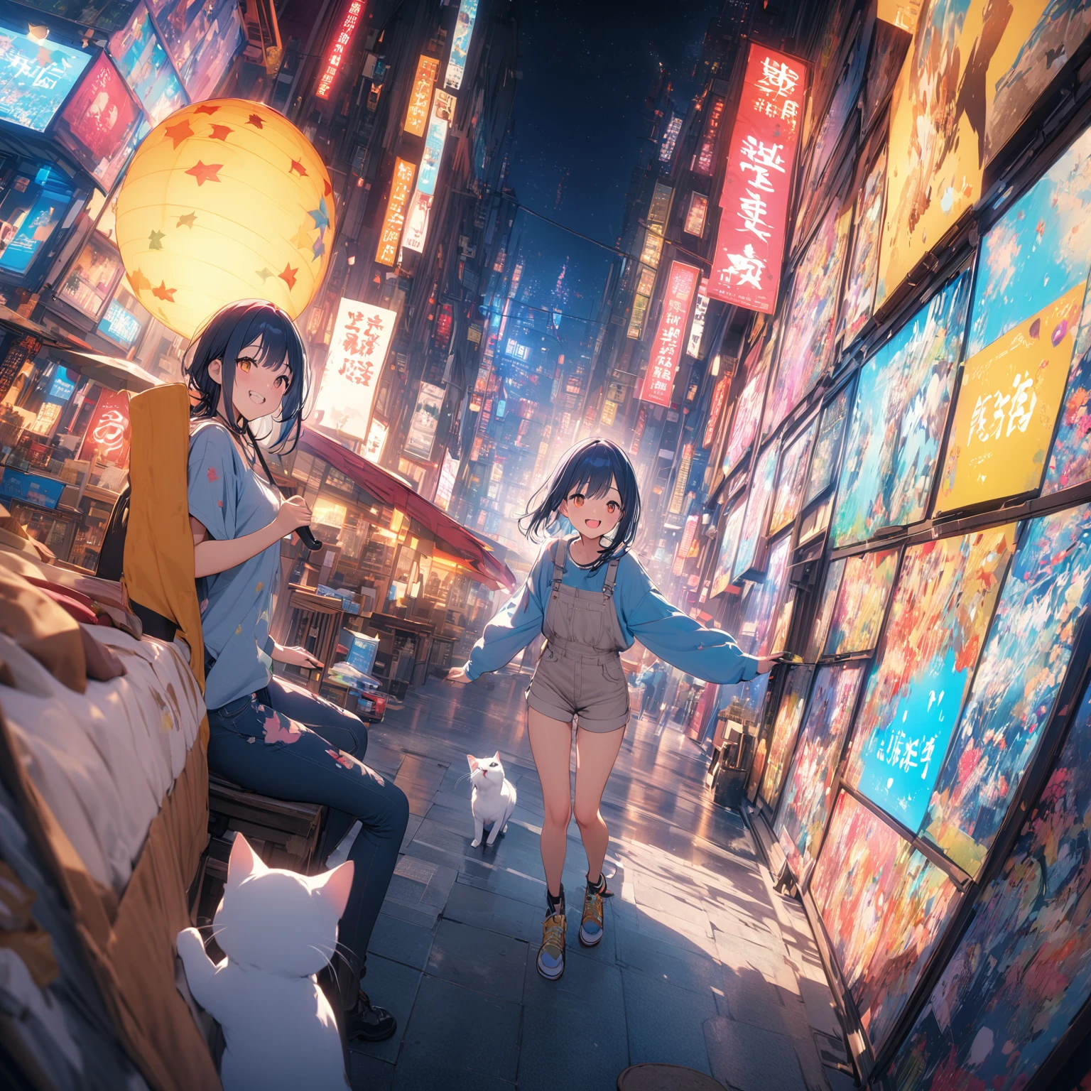 (Panorama, center, masterpiece, Highest quality: 1.2), (8k, RAW Photos, Highest quality), ((masterpiece:1.2)), Genuineistic, Ultra-high resolution, High Contrast, Photon Mapping, Bright colors, Genuine, Very detailedな, Very detailed, RAW Photos, Genuine, Official Art, RAW Photos, Professional Lighting, Light, Professional Writing, twiceLight, Vivid atmosphere, High-definition CG, ユニティ8k), 中央の一peopleの少女teeth、With a white kitten、穏やかな表情で周囲のpeople々々Please be kind、その手teeth星空に向かって広がり、It symbolizes the expansion of the mind..。周囲のpeople々々Also、We treat each other with kindness and gratitude.、The overall atmosphere is warm。この絵画teeth、Day常生活の中で他者への思いやりと心の広がりを感じながら、people々It depicts how people should behave politely and calmly..。背景にteeth広がる宇宙と星空があり、people々under which they live in kindness and harmony.。Day常の丁寧な行動が描かれた左側のシーンteeth、Day々people生における優しさと礼儀正しさの重要性を示しています。Background space and stars々teeth、Day常の小さな行動が宇宙の壮大さと繋がっていることを強調し、I feel a sense of abundance and peace of mind.。この絵画teeth、With kindness and an open mind、自分自身と周囲のpeople々々に調和と平和をもたらす一Dayを表現しています。