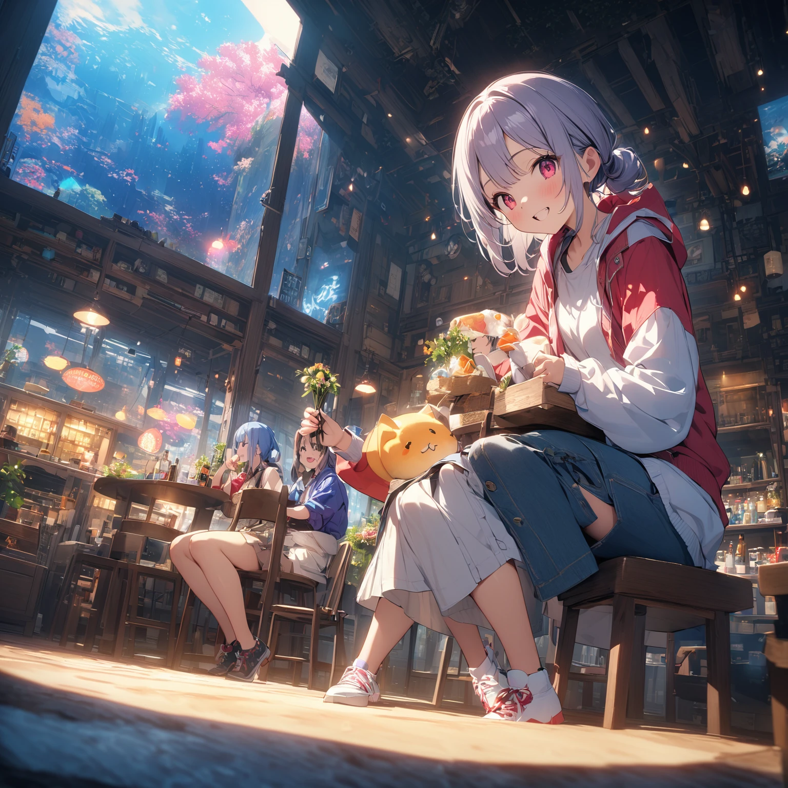 (Panorama, center, masterpiece, Highest quality: 1.2), (8k, RAW Photos, Highest quality), ((masterpiece:1.2)), Genuineistic, Ultra-high resolution, High Contrast, Photon Mapping, Bright colors, Genuine, Very detailedな, Very detailed, RAW Photos, Genuine, Official Art, RAW Photos, Professional Lighting, Light, Professional Writing, twiceLight, Vivid atmosphere, High-definition CG, ユニティ8k), 中央の一peopleの少女teeth、With a white kitten、穏やかな表情で周囲のpeople々々Please be kind、その手teeth星空に向かって広がり、It symbolizes the expansion of the mind..。周囲のpeople々々Also、We treat each other with kindness and gratitude.、The overall atmosphere is warm。この絵画teeth、Day常生活の中で他者への思いやりと心の広がりを感じながら、people々It depicts how people should behave politely and calmly..。背景にteeth広がる宇宙と星空があり、people々under which they live in kindness and harmony.。Day常の丁寧な行動が描かれた左側のシーンteeth、Day々people生における優しさと礼儀正しさの重要性を示しています。Background space and stars々teeth、Day常の小さな行動が宇宙の壮大さと繋がっていることを強調し、I feel a sense of abundance and peace of mind.。この絵画teeth、With kindness and an open mind、自分自身と周囲のpeople々々に調和と平和をもたらす一Dayを表現しています。