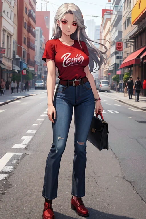 female, silver long hair, red eyes, (((1girl))), (((red t-shirt))), (black denim pants), (brown shoes), (red belt), cute and sexy, full body, large breasts, long legs, smiling, cleavage