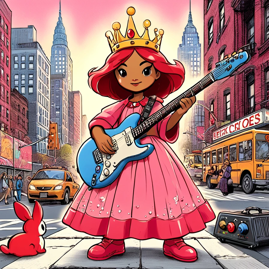 Princess Grimm Cookie holding Electric Guitar on New York City