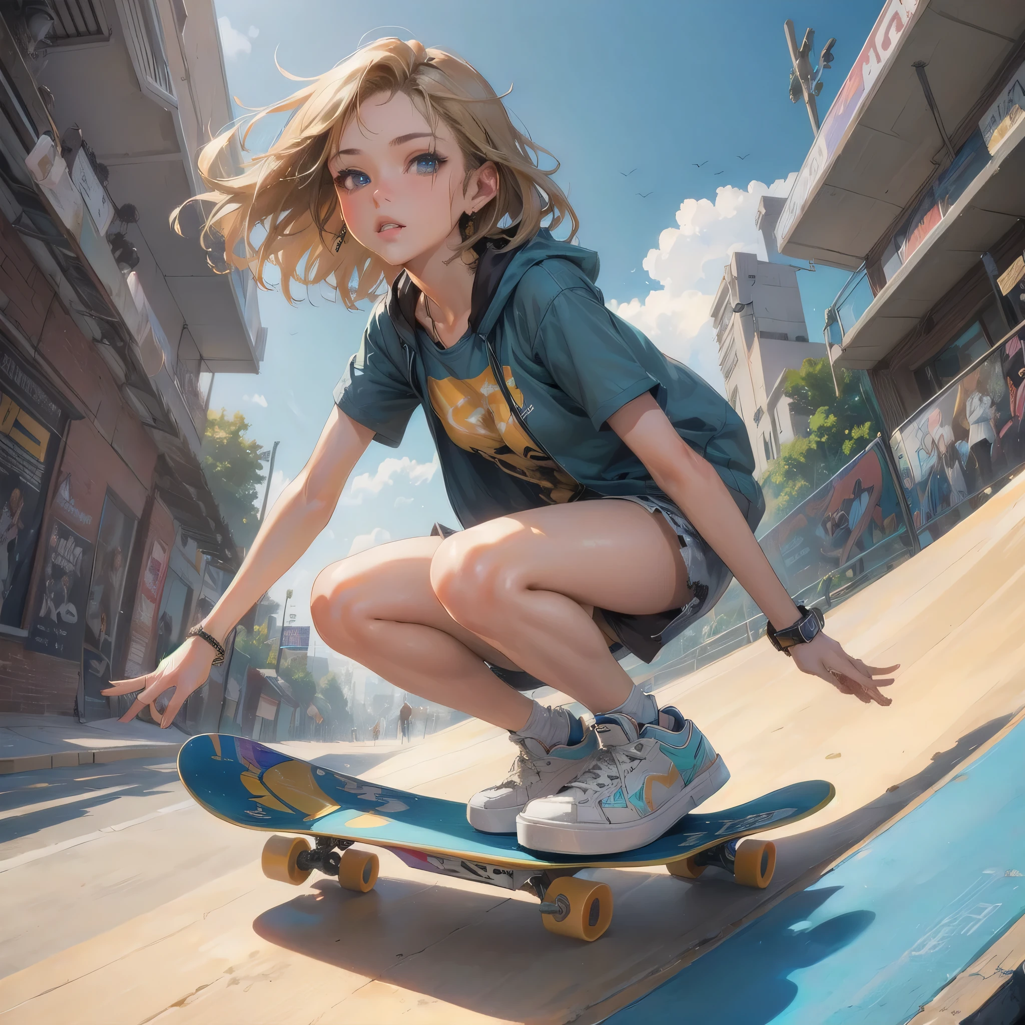  masterpiece, (textured skin), best quality, gorgeous beautiful girl, (a female skateboard athlete), detailed clothes,large breasts,narrow waist,, (beautiful face), cinematic lighting, (at skateboard venue ),