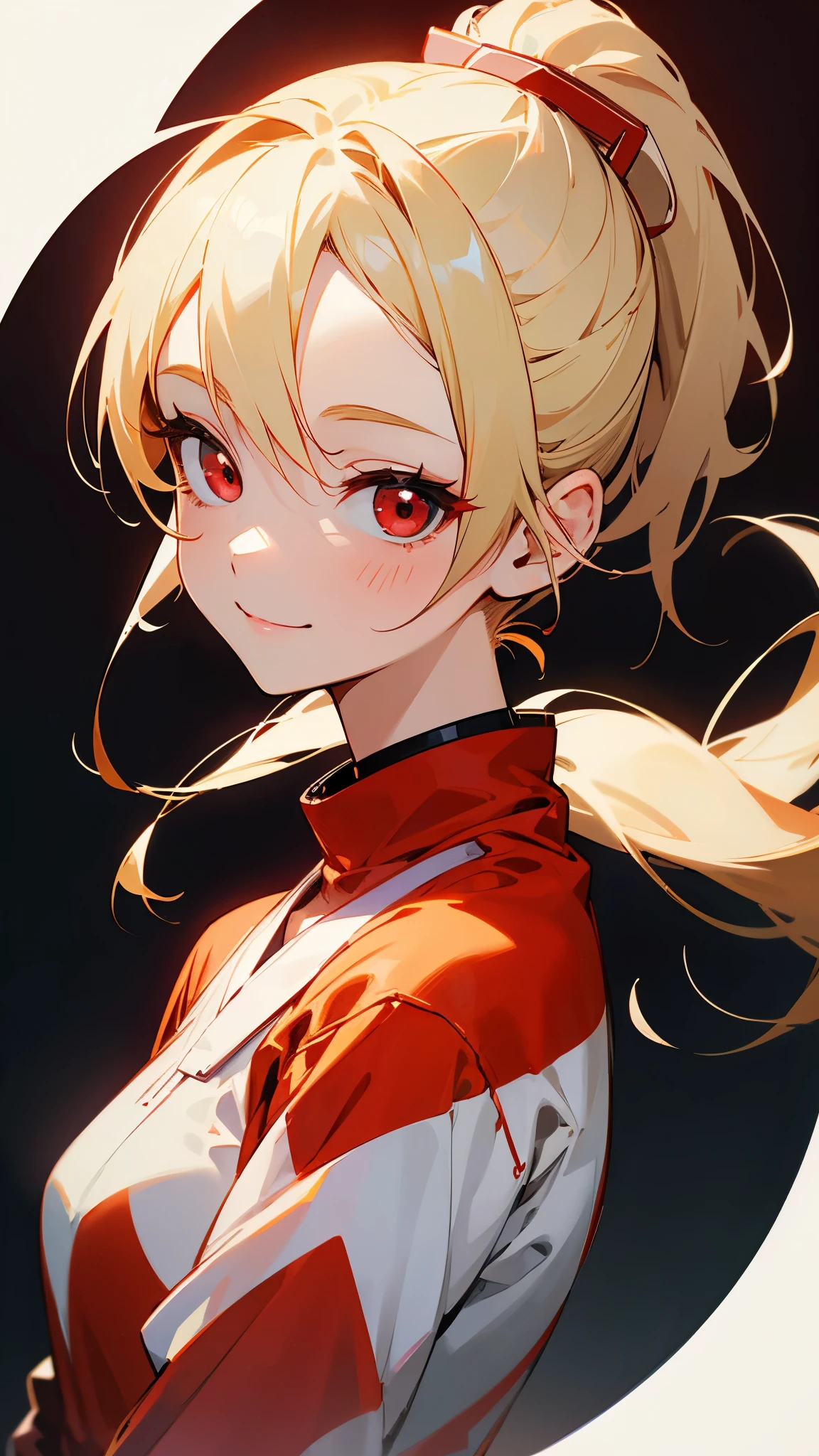 1 Girl、Anime-style paintings、Blonde Hair、Half Ponytail、Round red eyes、smile、From the side、Upper body close-up、White and red jumpsuit