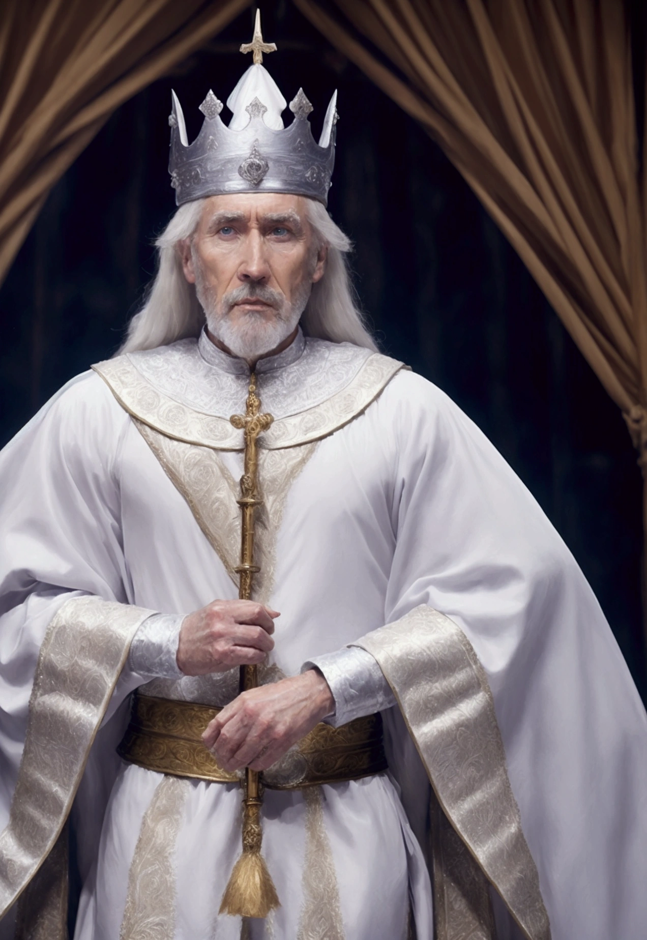 Old king Courageous white,with cheekbones a handsome bald male old king with white long hair with , in white luxurious king clothes,with silver crown against the backdrop of a medieval beautiful rich white city