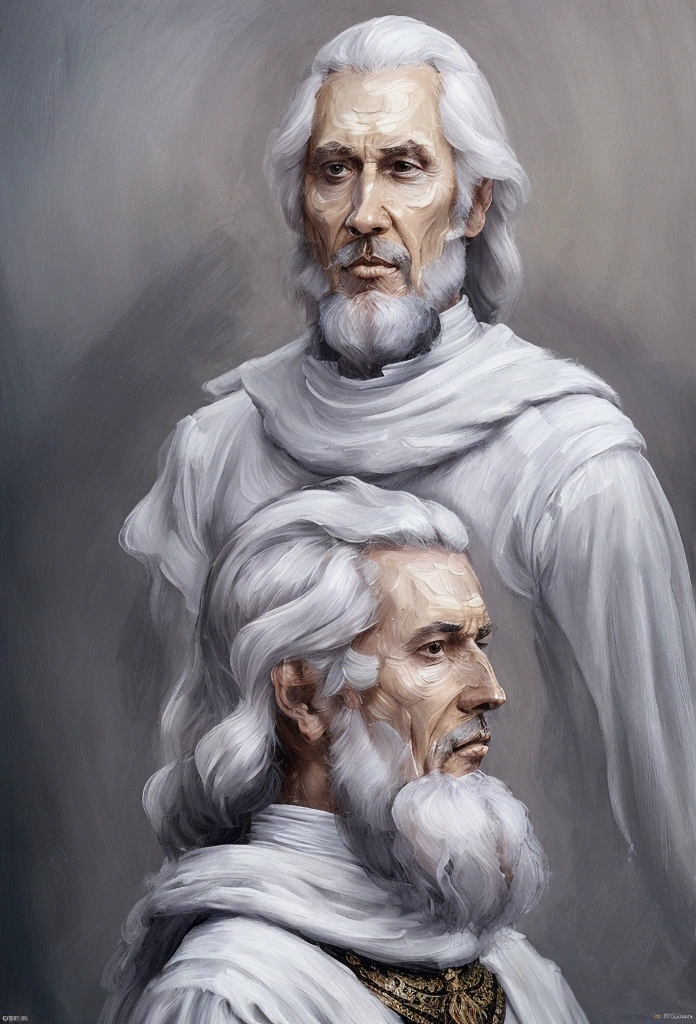 Old king Courageous white,with cheekbones a handsome bald male old king with white long hair with , in white luxurious king clothes,with silver crown against the backdrop of a medieval beautiful rich white city