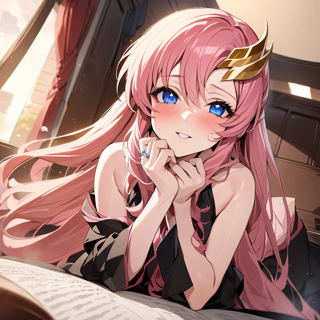 ((Highest quality)), ((masterpiece)), (detailed), （Perfect Face）、The woman is Lacus Clyne, a blue-eyed, pink-haired girl with medium-long hair and a hair accessory and an engagement ring. She is the beloved wife of Orpheus Ram-Tao.