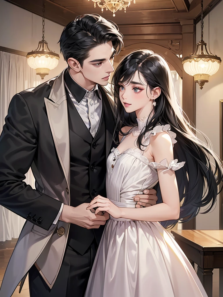 (masutepiece, Digital Art, Digital Illustration, 4K, 8K, Ultra-detailed, beautiful image, Sharp Image, Photorealistic, Raw photo, Perfect face, Perfect lines, Perfect eyes, Soft lighting) 1 woman, (Long Black Hair,straight haired,Bullish gaze,Beautie,Woman in suit,Solid makeup,23 y-o woman,small tits:1.3),Secretary, Two handsome men in suits, (ember,Men in suits,well-muscled,Firm shoulder width,Adult male,Boyish hairstyle,English gentlemanly style,Man in his 30s with a cool expression,28-year-old man with bright smile:1.2),Bedrooms、a canopy bed、Antique Clamps,Antique chair,chandeliers,Parti、a couple、couple kissing、kiss、the kiss、Romance、Kissing