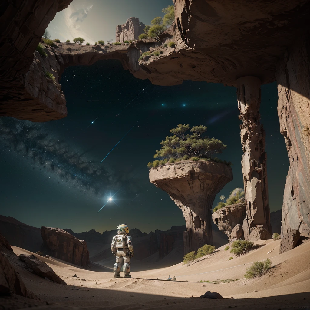**him: "Exploring Robots in the World of Space"**

1. **title**: Exploration Robot 2. **Short story**:
   - A small robot named R-1 is sent on an exploration mission to an unexplored planet.
   - On that planet, R-1 meets various friendly alien creatures and also faces several challenges such as dust storms and huge ravines.
   - In his adventure, R-1 discovers a new energy source that can save his home planet from an energy crisis.

3. **Main Character**:
   - **R-1**: Smart and brave explorer robot.
   - **Bustle**: A friendly alien that helps R-1.
   - **Heaven**: An alien that can fly and shows the way to R-1.

4. **   - Alien planets with unique landscapes such as colorful deserts, crystal forest, and valleys with luminous waterfalls.
   - R-1 headquarters on the spaceship.

Make it in the form of an illustration or animation

