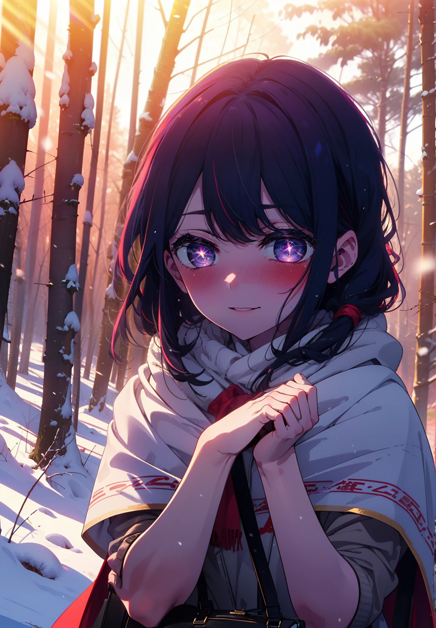 aihoshino, Ai Hoshino, Long Hair, bangs, (Purple eyes:1.1), Purple Hair, (Symbol-shaped pupil:1.5), smile,,smile,blush,white breath,
Open your mouth,snow,Ground bonfire, Outdoor, boots, snowing, From the side, wood, suitcase, Cape, Blurred, , forest, White handbag, nature,  Squat, Mouth closed, Cape, winter, Written boundary depth, Black shoes, red Cape break looking at viewer, Upper Body, whole body, break Outdoor, forest, nature, break (masterpiece:1.2), Highest quality, High resolution, unity 8k wallpaper, (shape:0.8), (Beautiful and beautiful eyes:1.6), Highly detailed face, Perfect lighting, Extremely detailed CG, (Perfect hands, Perfect Anatomy),