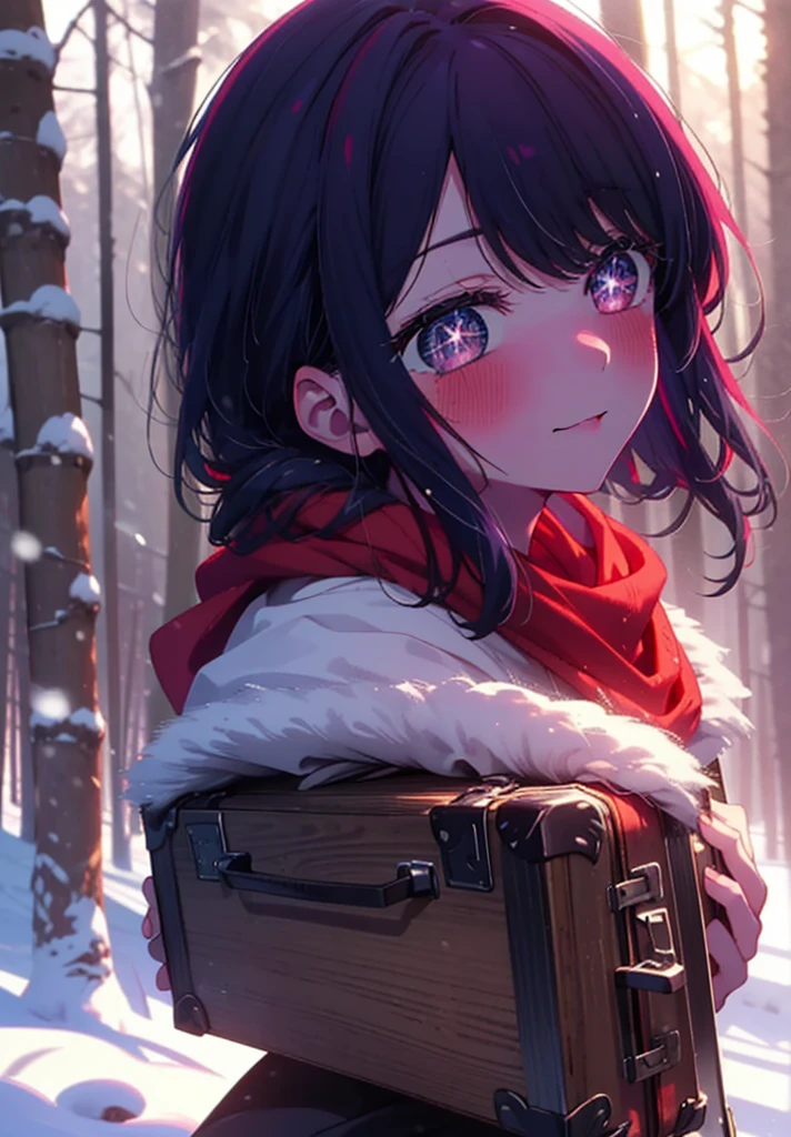 aihoshino, Ai Hoshino, Long Hair, bangs, (Purple eyes:1.1), Purple Hair, (Symbol-shaped pupil:1.5), smile,,smile,blush,white breath,
Open your mouth,snow,Ground bonfire, Outdoor, boots, snowing, From the side, wood, suitcase, Cape, Blurred, , forest, White handbag, nature, Squat, Mouth closed, Cape, winter, Written boundary depth, Black shoes, red Cape break looking at viewer, Upper Body, whole body, break Outdoor, forest, nature, break (masterpiece:1.2), Highest quality, High resolution, unity 8k wallpaper, (shape:0.8), (Beautiful and beautiful eyes:1.6), Highly detailed face, Perfect lighting, Extremely detailed CG, (Perfect hands, Perfect Anatomy),