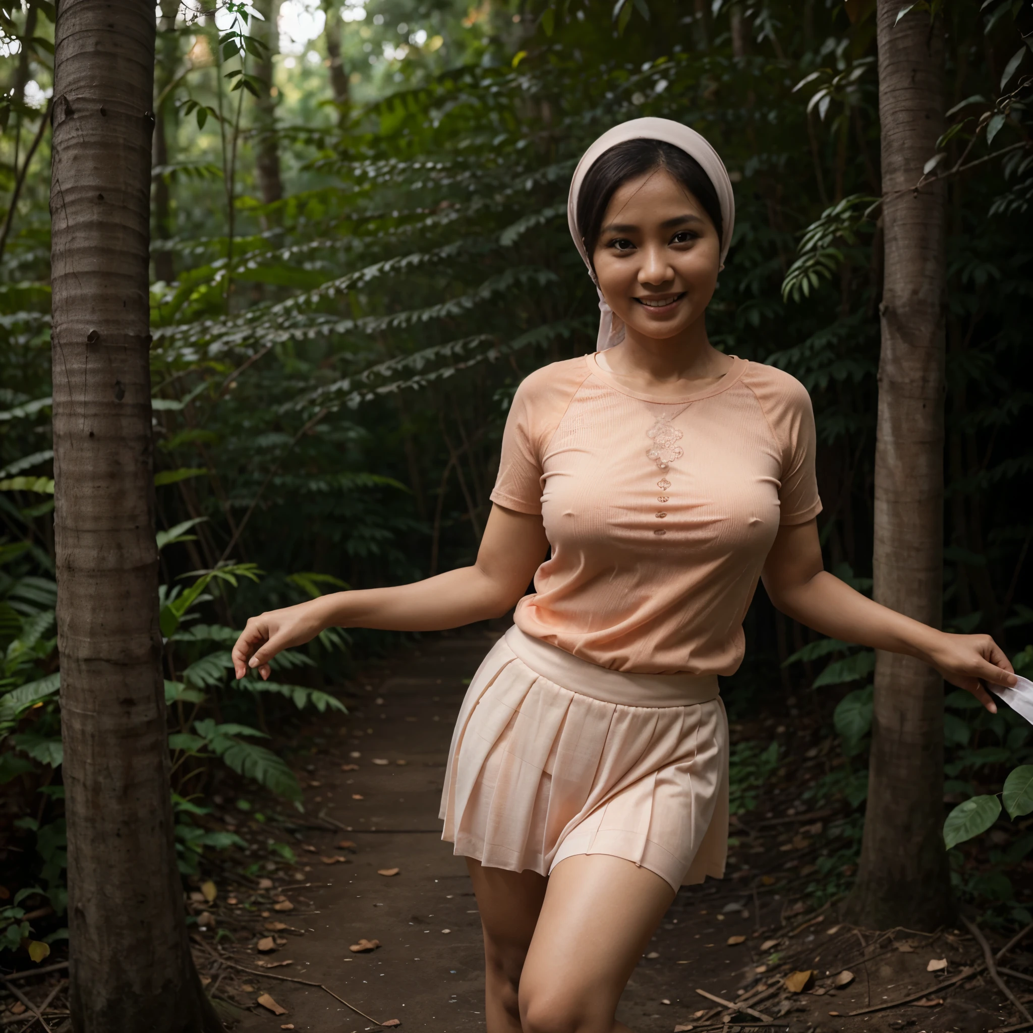 A 52 years old Indonesian woman in peach color hijab, wearing peach color lace tight t-shirt, wearing very short see-through white pleated skirt, villager, poor woman, darker skin, curvier body, short body, smiling and standing in a dark forest, look to the viewer with eye close