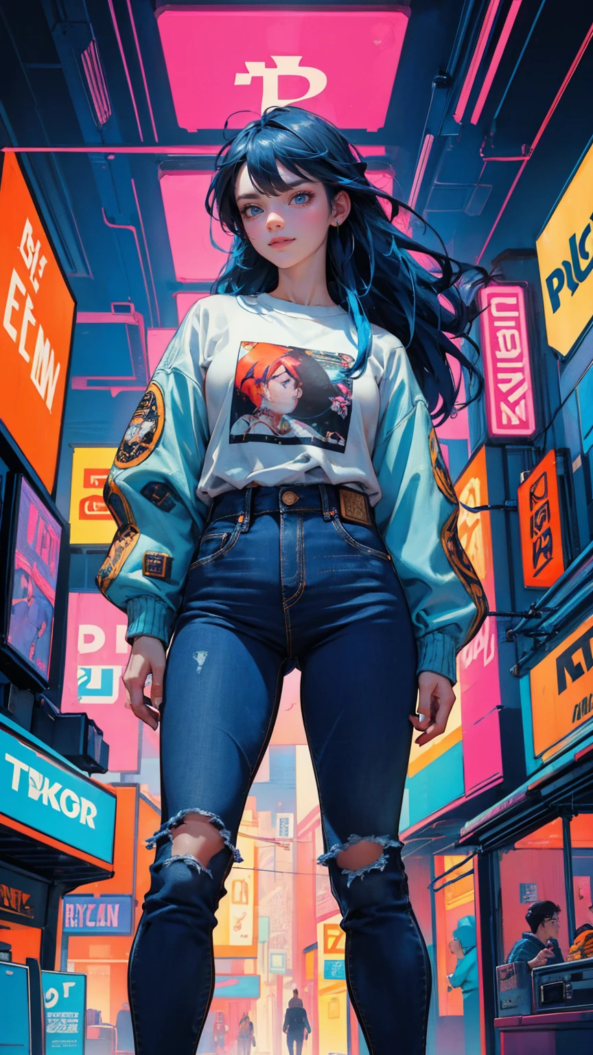 A woman with an angry face holding her phone in front of multiple trading charts, with bitcoin coins flying around and social media icons in the background, wearing blue jeans and a white shirt. The art is in the colorful cartoon style of cyberpunk and hyper-detailed illustrations, with a colorful caricature poster art style and vibrant comic book cover style. It is presented in high resolution, full character in imag