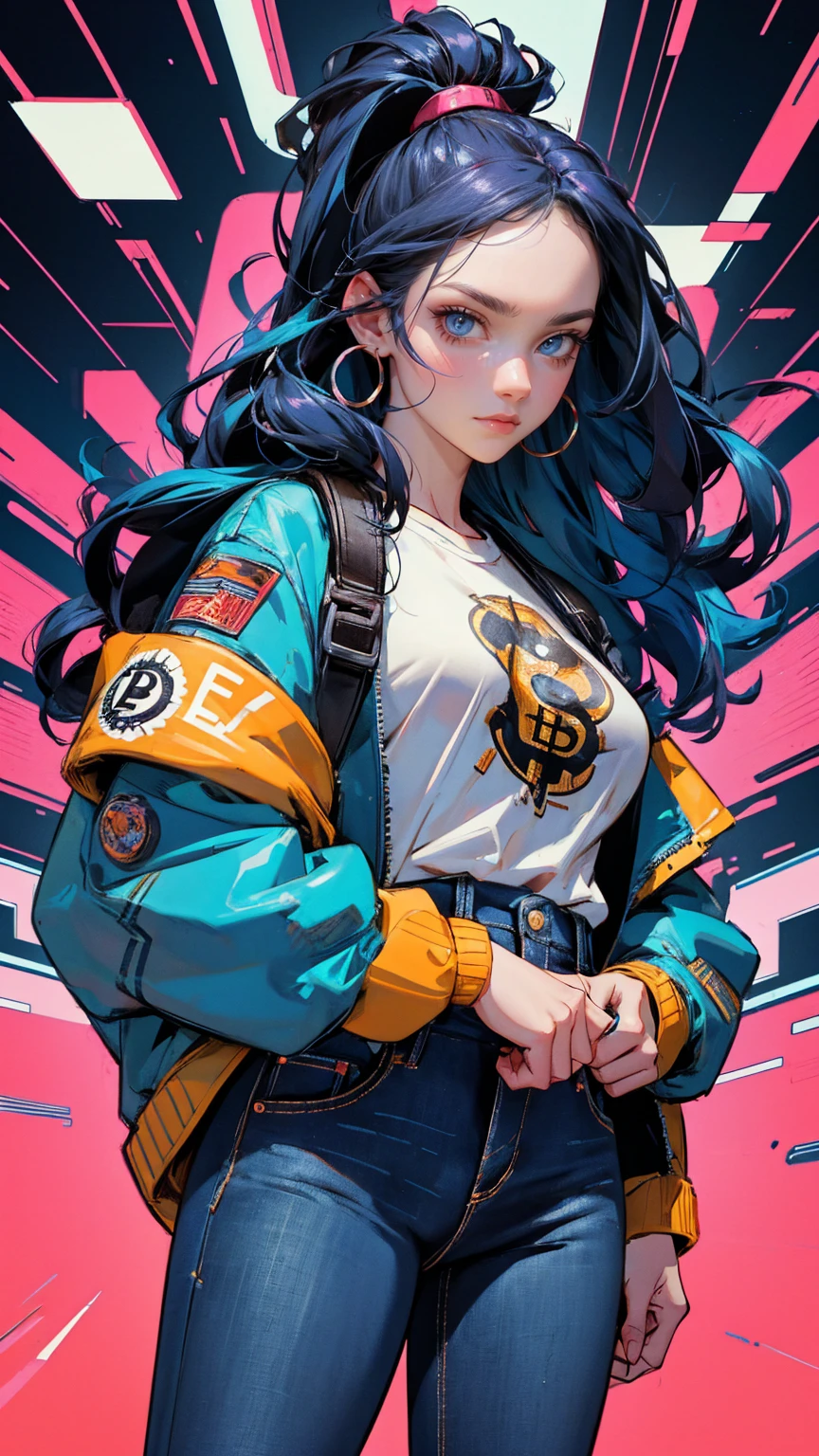 A woman with an angry face holding her phone in front of multiple trading charts, with bitcoin coins flying around and social media icons in the background, wearing blue jeans and a white shirt. The art is in the colorful cartoon style of cyberpunk and hyper-detailed illustrations, with a colorful caricature poster art style and vibrant comic book cover style. It is presented in high resolution, full character in imag
