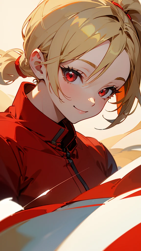 1 Girl、Anime-style paintings、Blonde Hair、Half Ponytail、Round red eyes、smile、From the side、Upper body close-up、Red jumpsuit