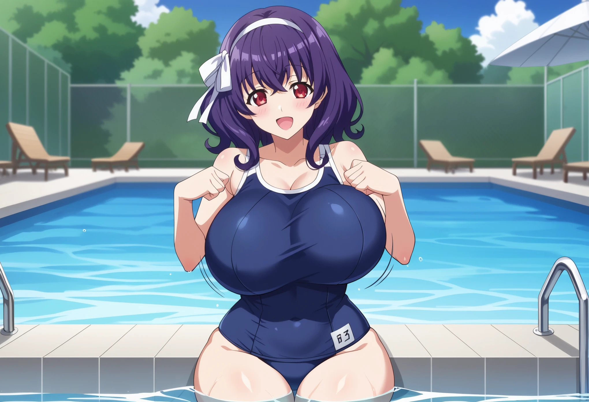 Akeno Himejima, 1girl, (((bimbo))), purple hair, purple eyes, ear rings, (((bimbo))), puffy lips, painted lips, thick lips, pleasure face, wide hips, thick thighs, huge round ass, huge natural Hitomi Tanaka breasts, white bikini , in the pool, see through bikini, water on breasts,