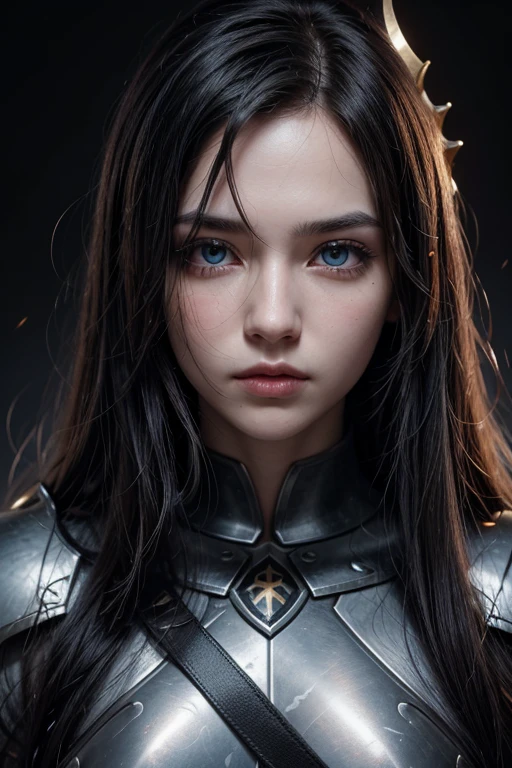 absurdrez, ultra details, high qualiy, Artwork, face detailed, gorgeous eyes(detailedeyes) warrior with sword, long black hair, Paladin's Heavy Armor, fully body, tense facial expression, gaping mouth, yelling, grappling, gazing at viewer, standing on all fours