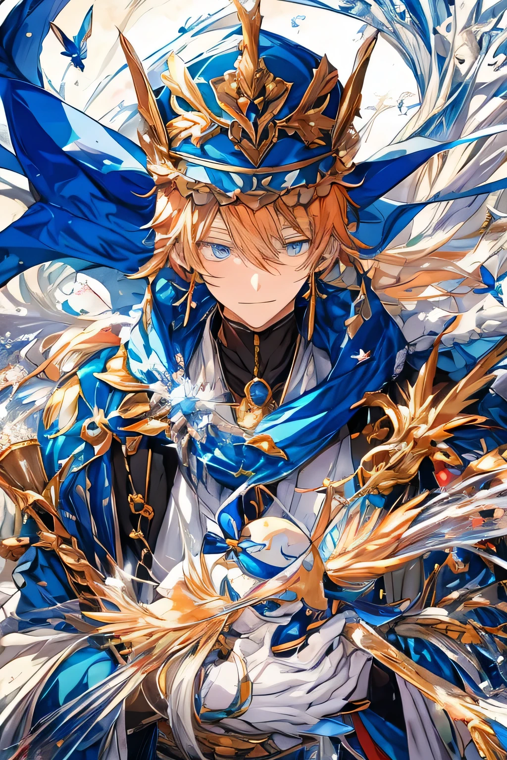anime character with blue cape and hat holding a bird, portrait of magical blond prince, beautiful androgynous prince, inspired by Li Chevalier, delicate androgynous prince, machiavellian puppetmaster, okita sougo, tall anime guy with blue eyes, [[[[grinning evily]]]], orange - haired anime boy, zerochan